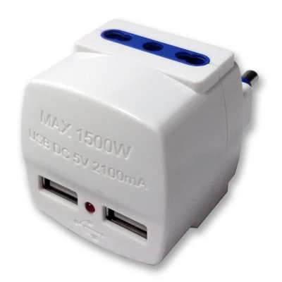 5691 - ADATTATORE A 2 USCITE SPINA ITA 16A  PIU 2 USB 5V 2.1A