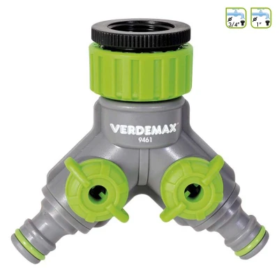 V009461 - VERDEMAX - RACCORDO A RUBINETTO CON 2 USCITE E CONNESSIONI A RACCORDO RAPIDO CON FILETTO DA 3/4" E 1"
