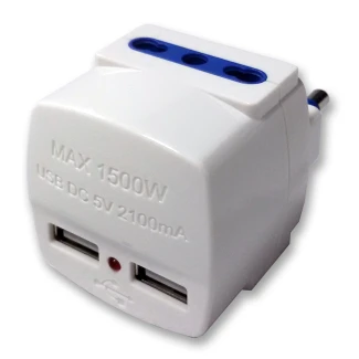 ADATTATORE A 2 USCITE SPINA ITA 16A  PIU 2 USB 5V 2.1A