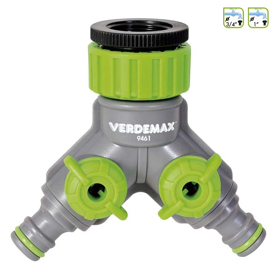 V009461 - VERDEMAX - RACCORDO A RUBINETTO CON 2 USCITE E CONNESSIONI A RACCORDO RAPIDO CON FILETTO DA 3/4" E 1"
